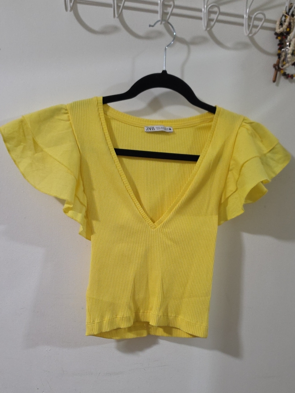 Zara Bright Yellow Ruffled V-Neck Crop Top